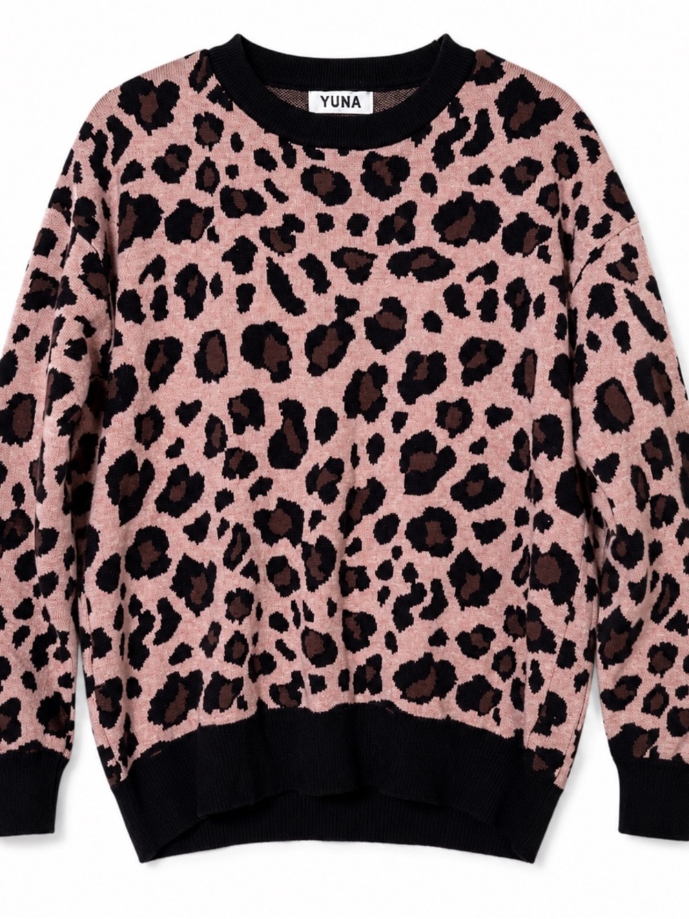 YUNA Pink Leopard Print Sweater Womens Size L Oversized Animal Print